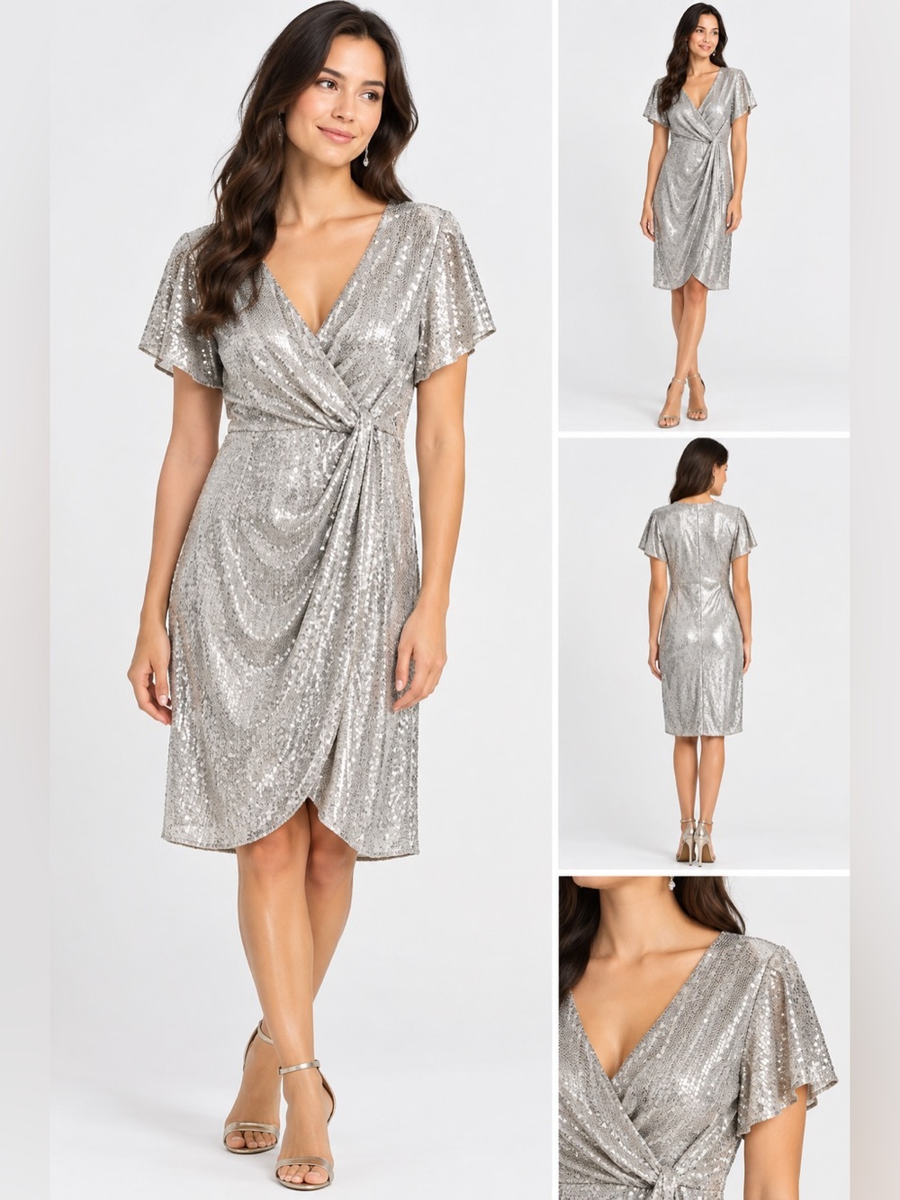 JM Studio by John Meyer Silver Metallic Faux Wrap Cocktail Dress Size 14